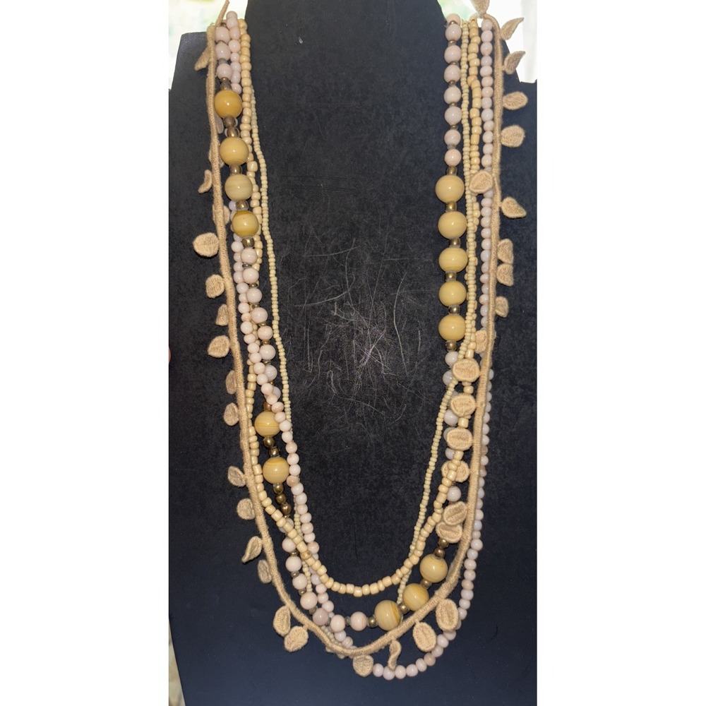 Vintage 5 Strand Beach Boho Statement Bead Fabric Long Cream White Necklace 36"